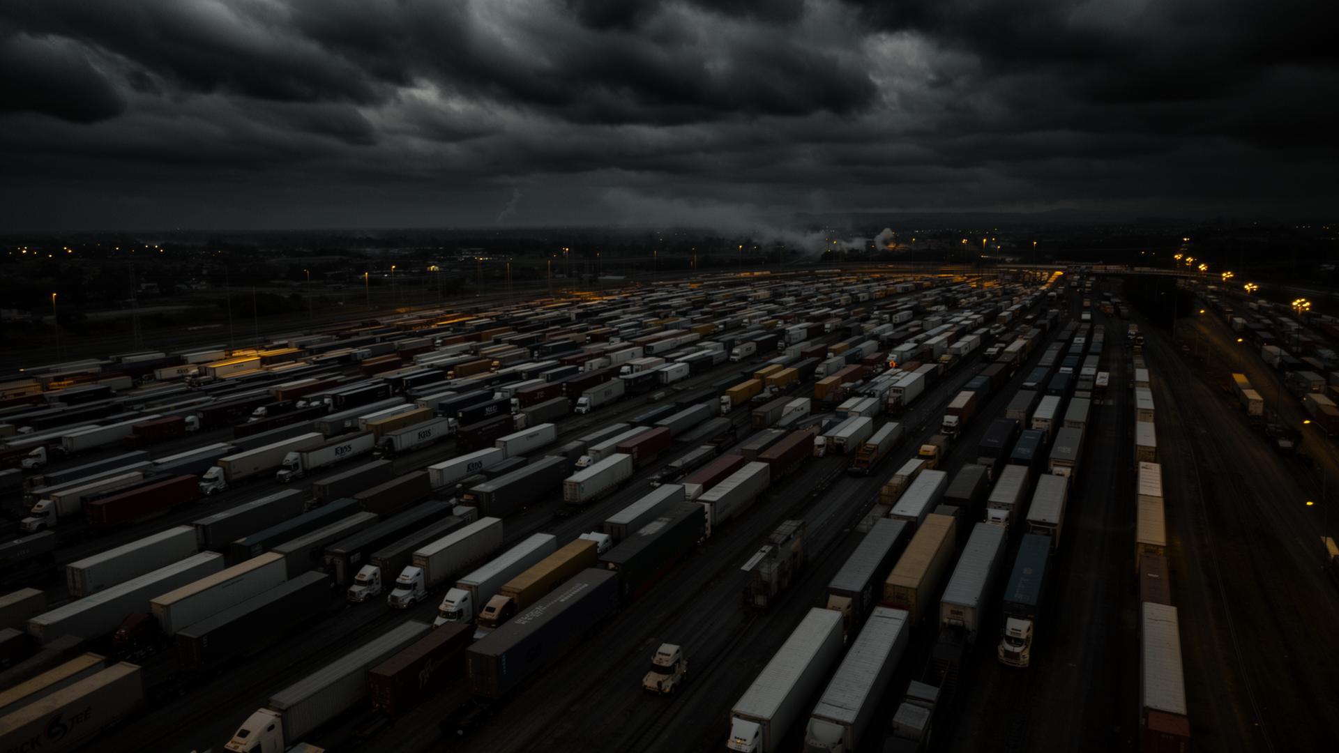 Aerial view of national freight yard at dusk