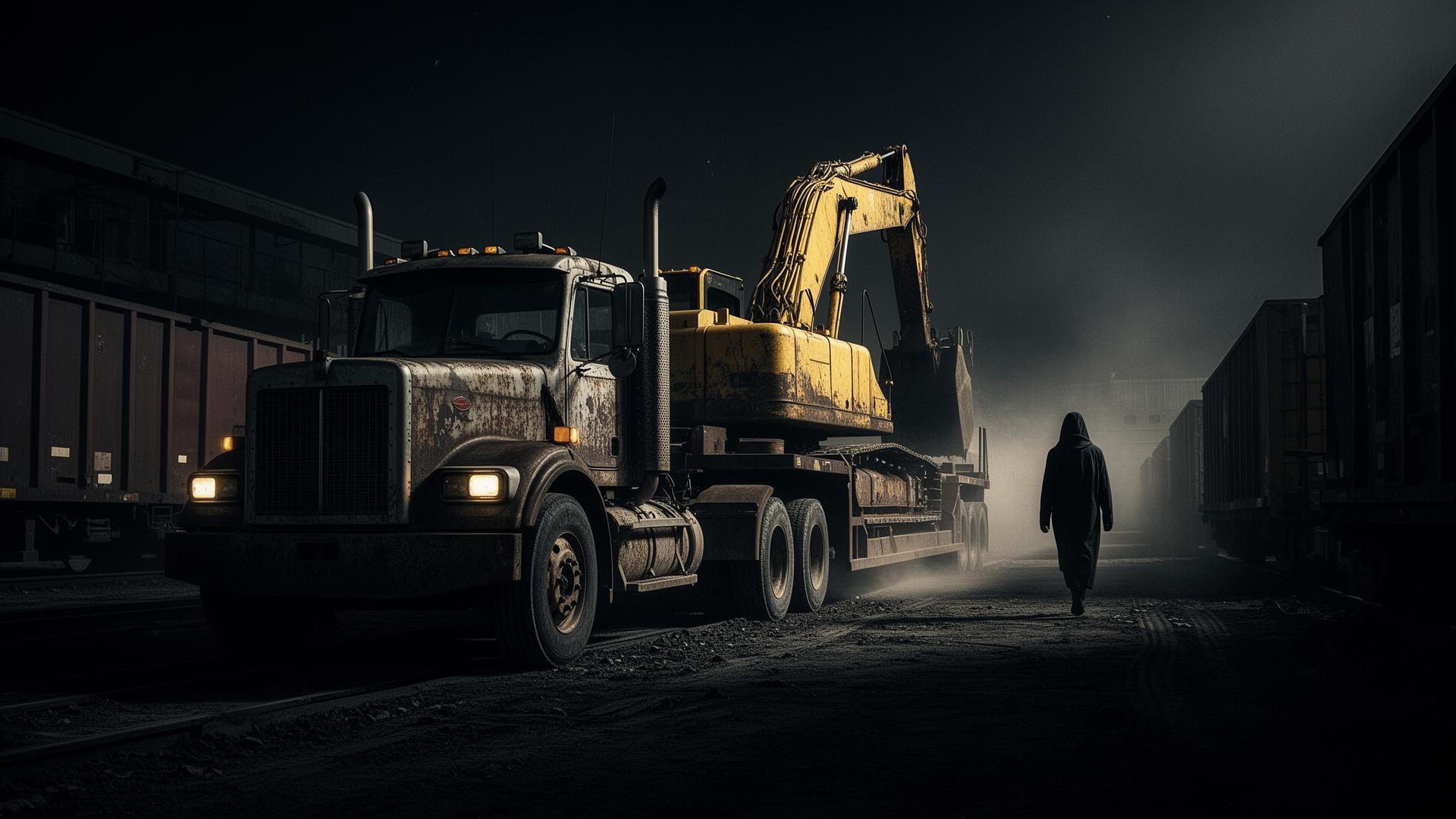 Freight yard at night with truck and hooded figure